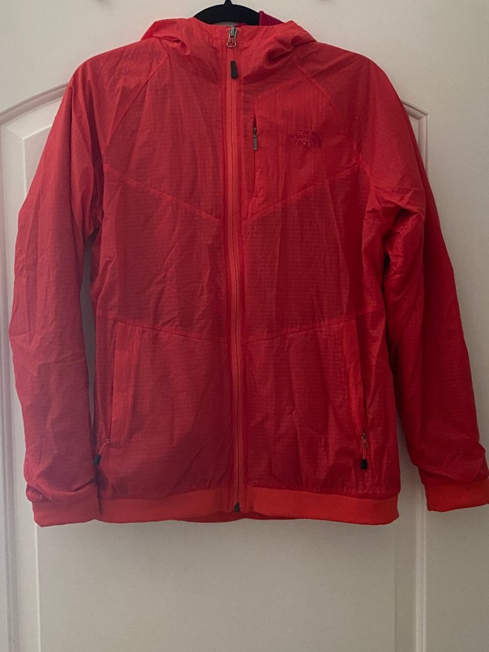 The North Face Women's Red Orange Hooded Zip Up Windbreaker Jacket (US Size M)